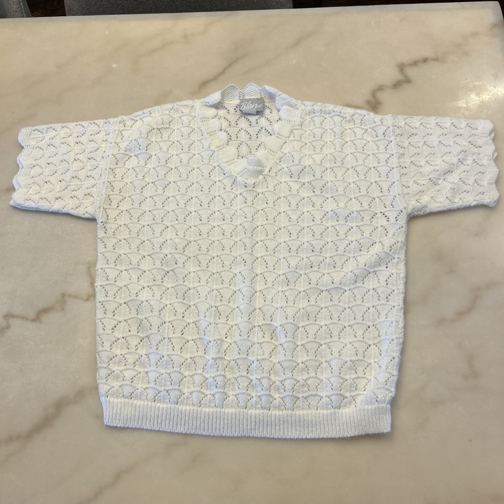 Vtg Blair Women's White Short Sleeved Open Knit Pullover Sweater Size Medium